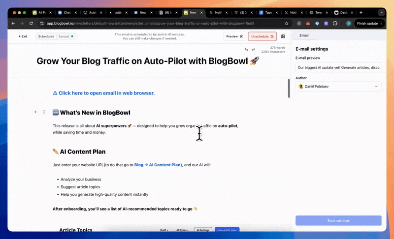 BlogBowl Newsletter Scheduling